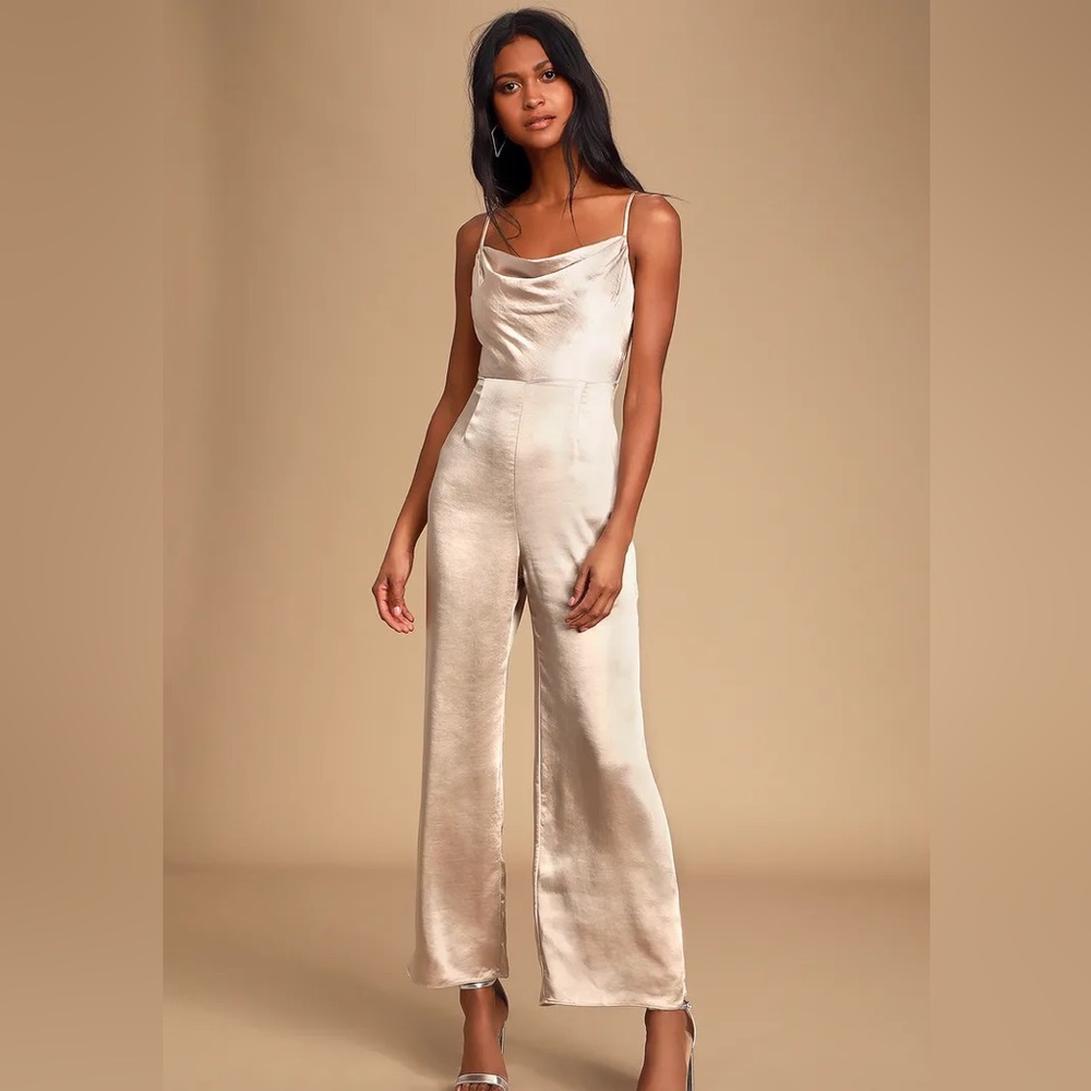 LUSH Perfect Night Champagne Satin Cowl Neck Culotte Jumpsuit | size L